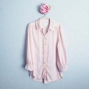 Kate Spade Light Pink Star Bright Velvet Trim Pearl Button Down Blouse